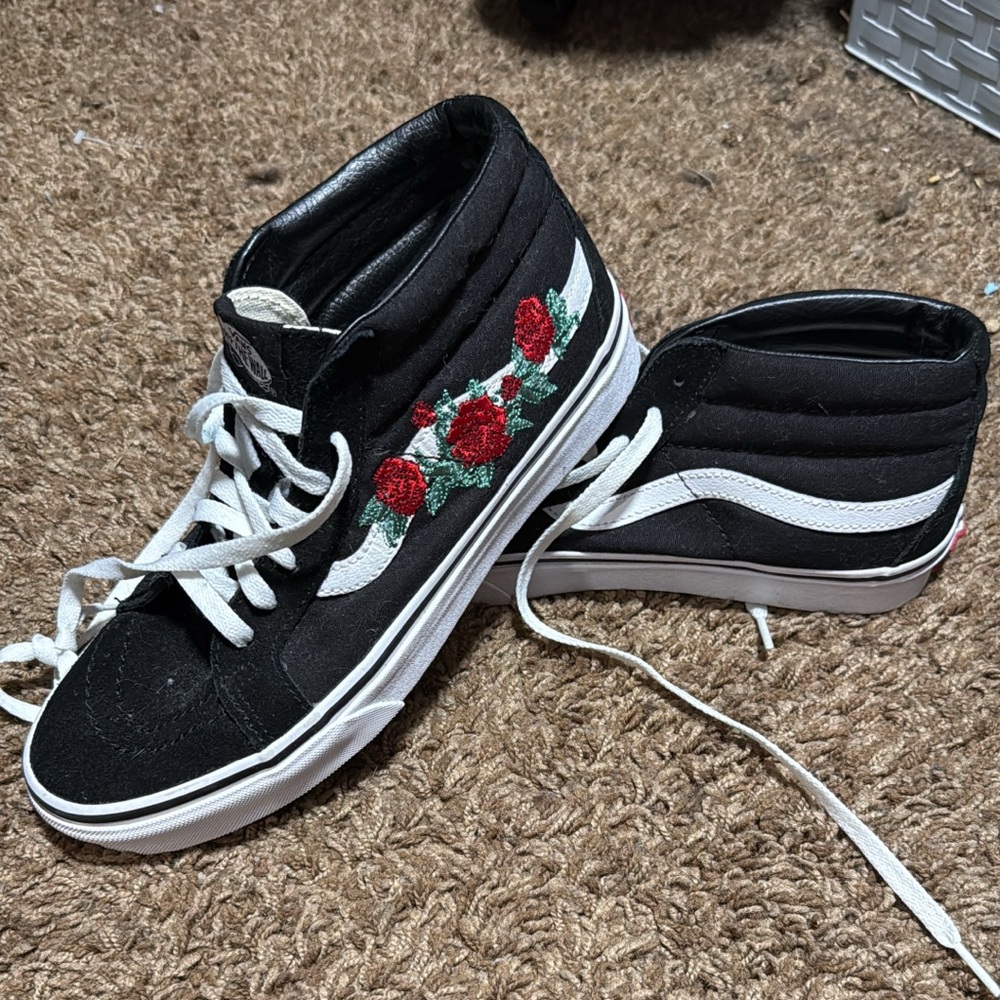 Vans Black and White Sneakers with Red Floral Embroidery